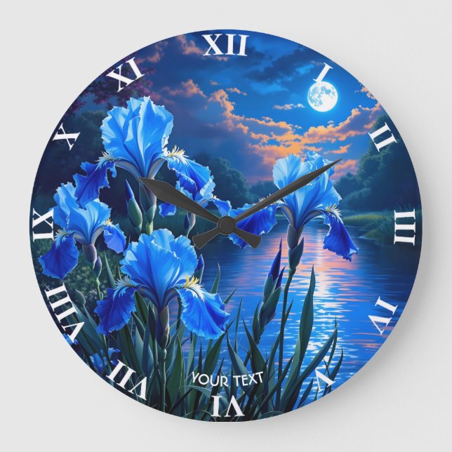 Fantasy Niedlich River Blue Irises Große Wanduhr (Vorderseite)