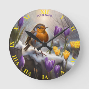 Fantasy Niedlich Robin Snow Blume Runde Wanduhr