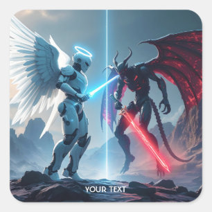 Fantasy Niedlich Robot Demon Fighting Quadratischer Aufkleber