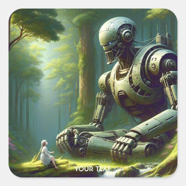 Fantasy Niedlich Robot Girl Forest Quadratischer Aufkleber (Vorderseite)