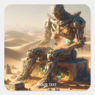 Fantasy Niedlich Rusty Robot Wüste Quadratischer Aufkleber