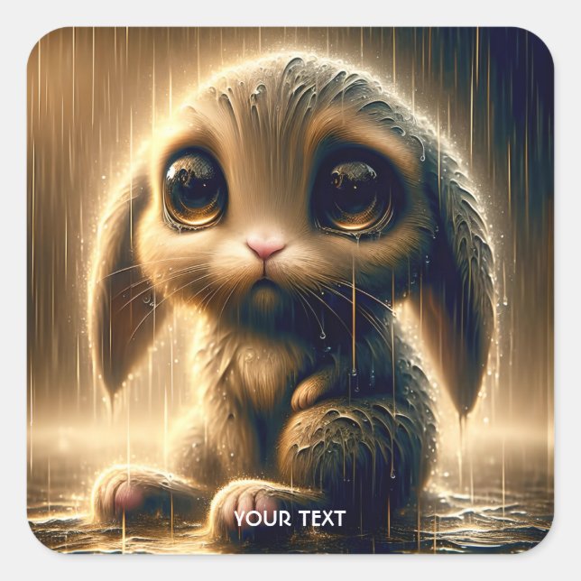 Fantasy Niedlich Sad Bunny Rain Quadratischer Aufkleber (Vorderseite)