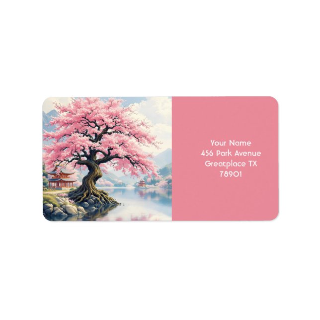 Fantasy Niedlich Sakura Tempel Lake Adressaufkleber (Vorne)