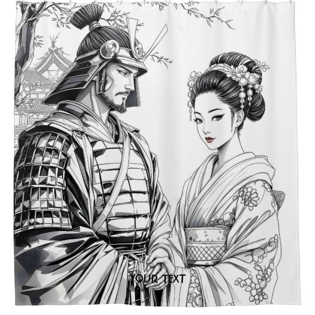 Fantasy Niedlich Samurai Geisha Pencil Duschvorhang (Vorderseite)