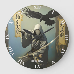 Fantasy Niedlich Samurai Katana Mask Große Wanduhr