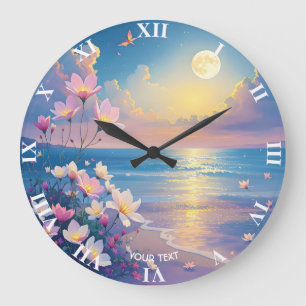 Fantasy Niedlich Sea Pink Blume Große Wanduhr