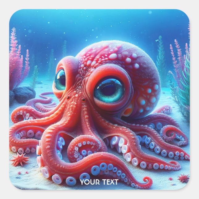 Fantasy Niedlich Sea Red Octopus Quadratischer Aufkleber (Vorderseite)