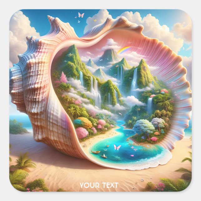 Fantasy Niedlich Seashell Hidden Landschaft Quadratischer Aufkleber (Vorderseite)