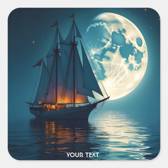 Fantasy Niedlich Ship Night Moon Quadratischer Aufkleber (Vorderseite)