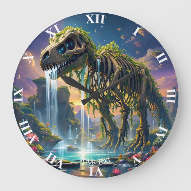 Fantasy Niedlich Skeleton Dinosaur Garden Große Wanduhr (Vorderseite)