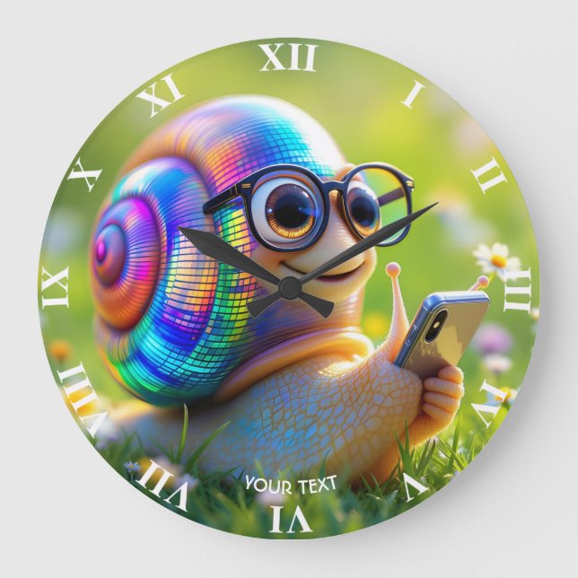 Fantasy Niedlich Snail Phone Blume Große Wanduhr (Vorderseite)