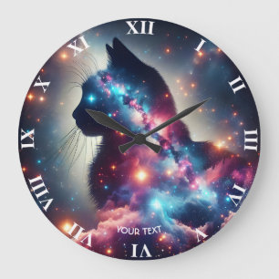 Fantasy Niedlich Space Cat Stars Große Wanduhr