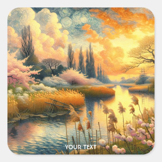 Fantasy Niedlich Spring Trees Landschaft Quadratischer Aufkleber (Vorderseite)