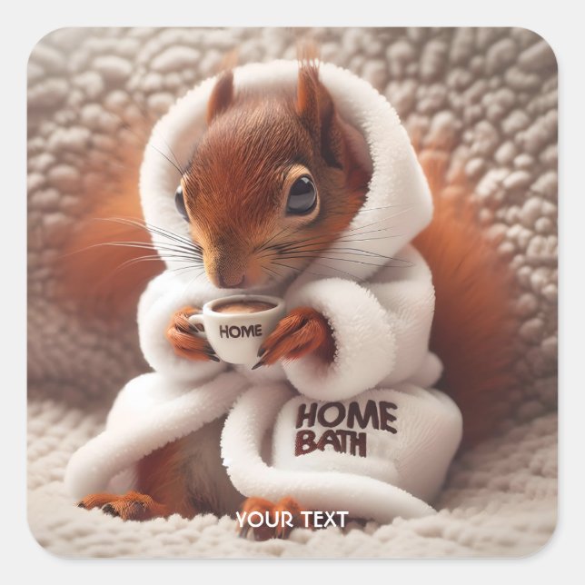 Fantasy Niedlich Squirrel Coffee Cup Quadratischer Aufkleber (Vorderseite)