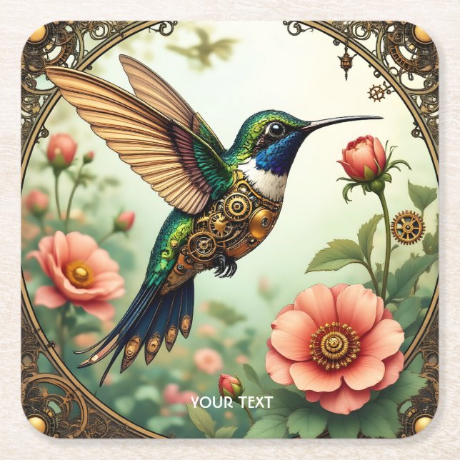 Fantasy Niedlich Steampunk Bird Blume Rechteckiger Pappuntersetzer (Vorderseite)