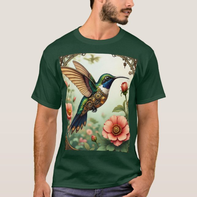 Fantasy Niedlich Steampunk Bird Blume T-Shirt (Vorderseite)