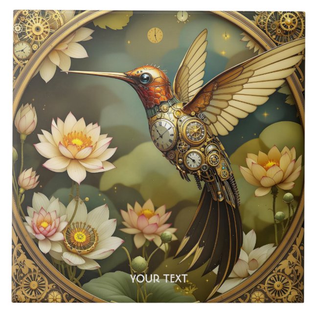 Fantasy Niedlich Steampunk Bird Clock Fliese (Vorderseite)