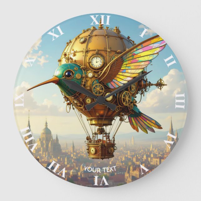 Fantasy Niedlich Steampunk Bird Sky Große Wanduhr (Vorderseite)