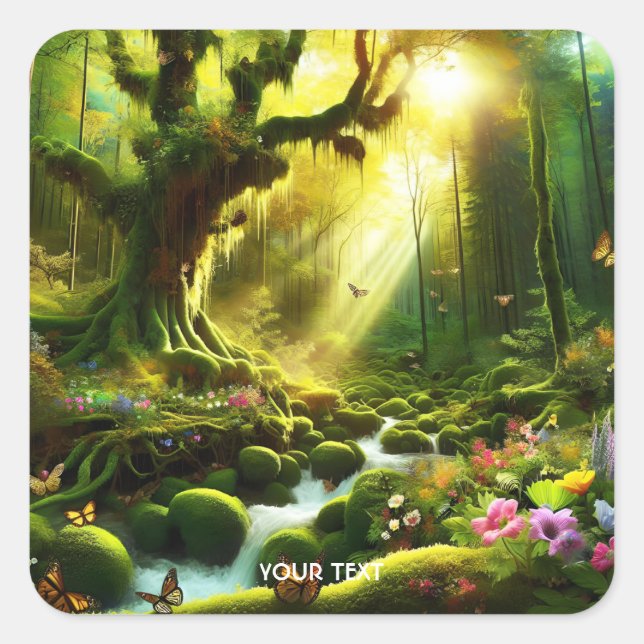 Fantasy Niedlich Sun Trees Forest Quadratischer Aufkleber (Vorderseite)
