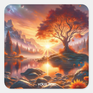 Fantasy Niedlich Sunset Orange Tree Quadratischer Aufkleber