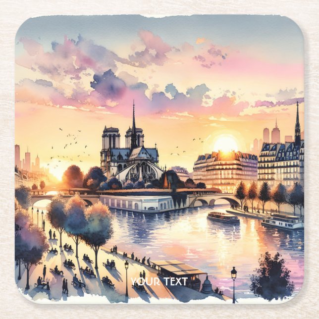 Fantasy Niedlich Sunset Paris Watercolor Rechteckiger Pappuntersetzer (Vorderseite)