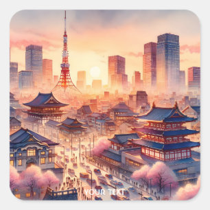 Fantasy Niedlich Sunset Tokyo View Quadratischer Aufkleber