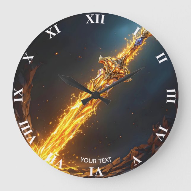 Fantasy Niedlich Sword Flames Höhle Große Wanduhr (Vorderseite)