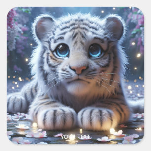 Fantasy Niedlich Tiger White Baby Quadratischer Aufkleber