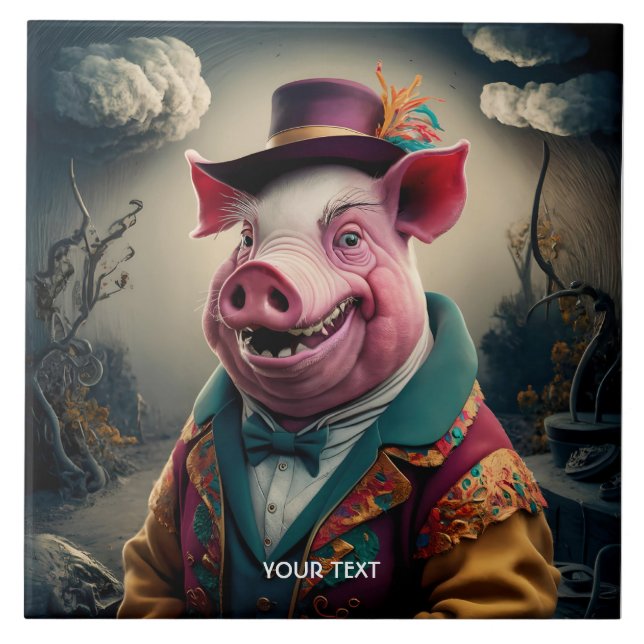 Fantasy Niedlich Top Hat Pig Fliese (Vorderseite)