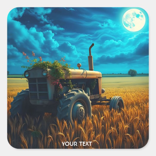 Fantasy Niedlich Tractor Moon Field Quadratischer Aufkleber (Vorderseite)