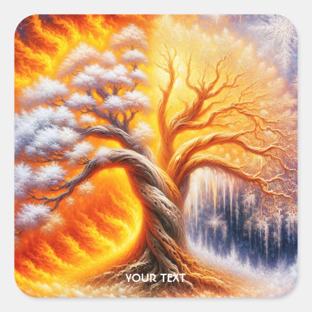 Fantasy Niedlich Tree Fire Snow Quadratischer Aufkleber (Vorderseite)