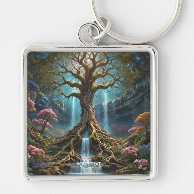 Fantasy Niedlich Tree Waterfall Forest Schlüsselanhänger (Vorne)