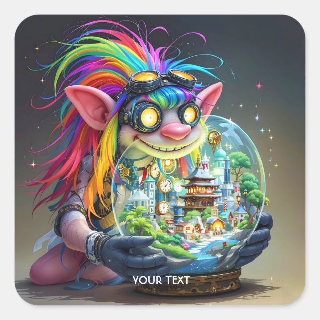 Fantasy Niedlich Troll Making City Quadratischer Aufkleber (Vorderseite)