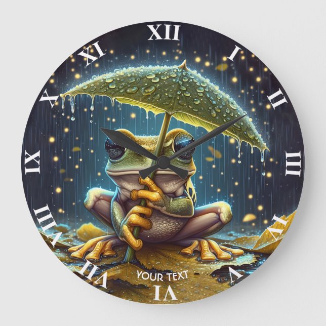 Fantasy Niedlich Umbrella Frosch Rain Große Wanduhr (Vorderseite)