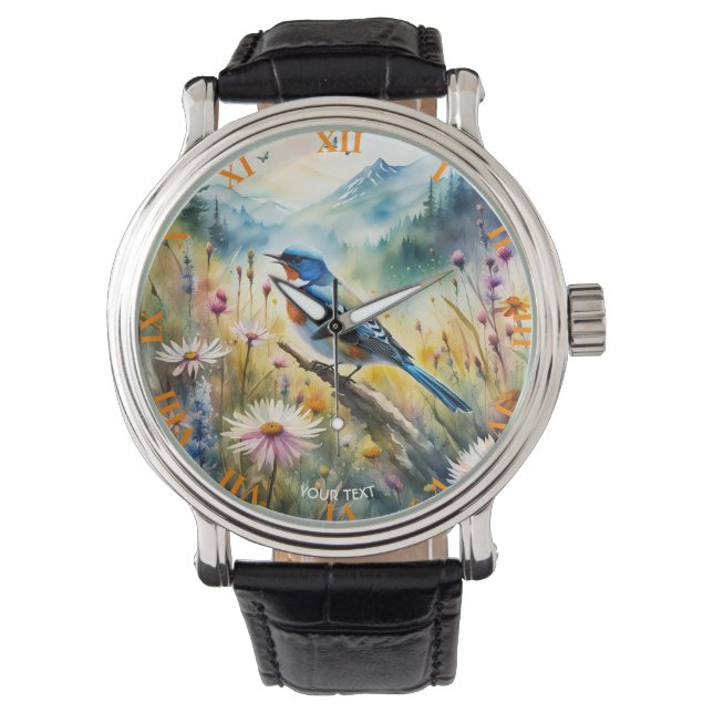Fantasy Niedlich Vivid Bird Wasserfarbe Landschaft Armbanduhr (Vorderseite)