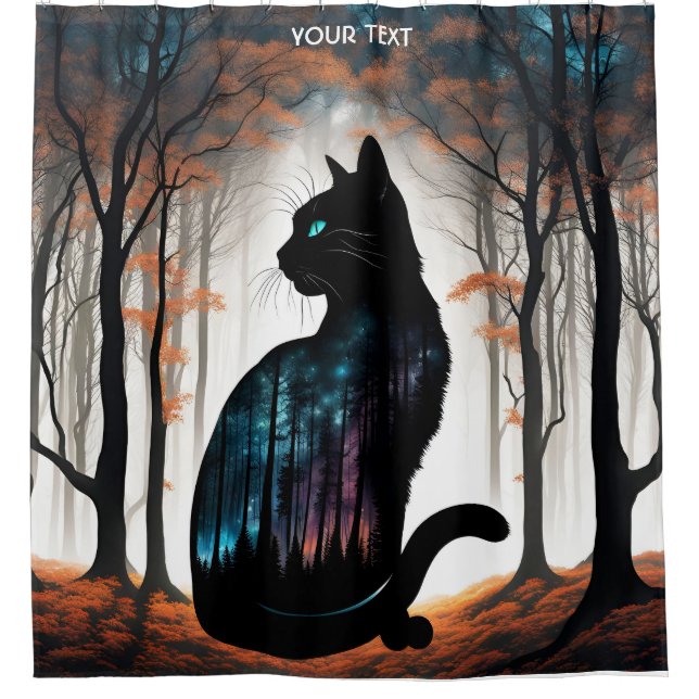 Fantasy Niedlich Vivid Black Cat Forest Duschvorhang (Vorderseite)
