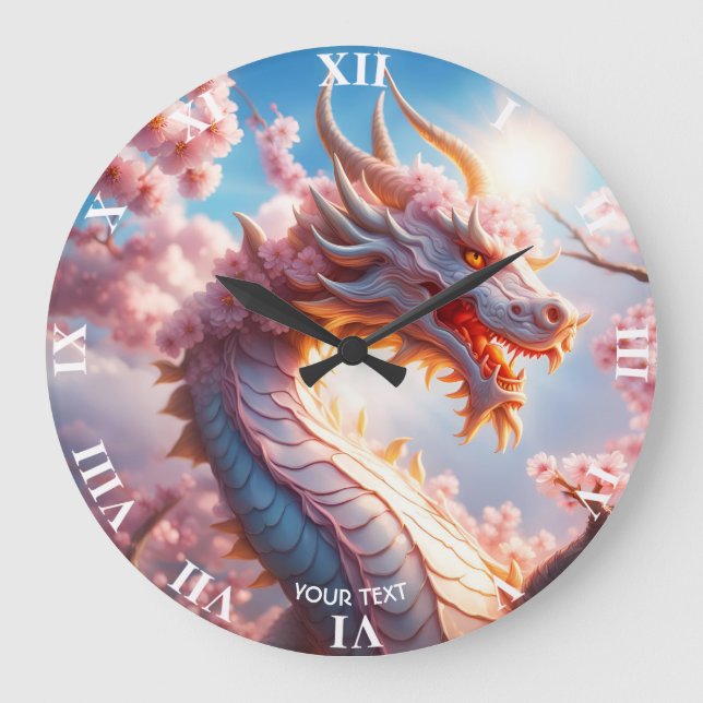 Fantasy Niedlich Vivid Blossom Pink Dragon Große Wanduhr (Vorderseite)