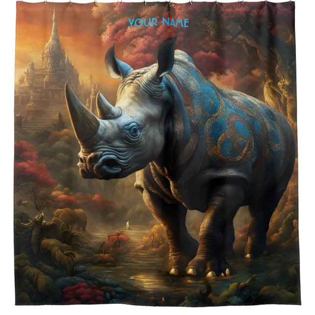 Fantasy Niedlich Vivid Blume Majestic Rhino Duschvorhang (Vorderseite)
