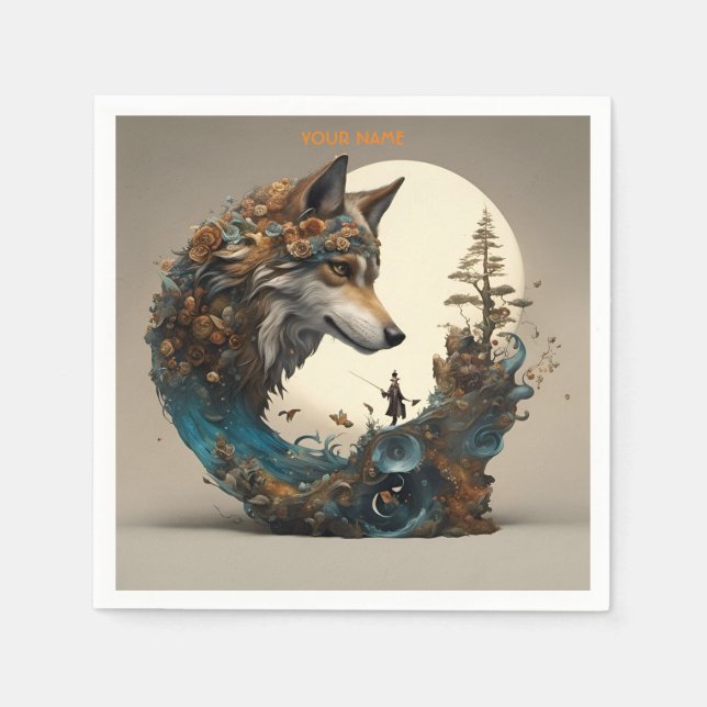 Fantasy Niedlich Vivid Blume Wolf Wizard Serviette (Vorderseite)