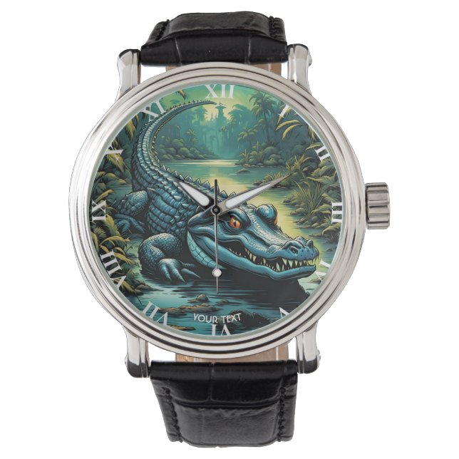 Fantasy Niedlich Vivid Cartoon Alligator Forest Armbanduhr (Vorderseite)