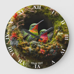 Fantasy Niedlich Vivid Hummingbird Nest Moss Große Wanduhr