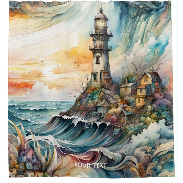 Fantasy Niedlich Vivid Lighthouse Cartoon Storm Duschvorhang (Vorderseite)