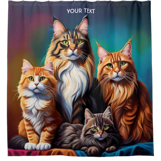 Fantasy Niedlich Vivid Maine Coon Familie Duschvorhang (Vorderseite)