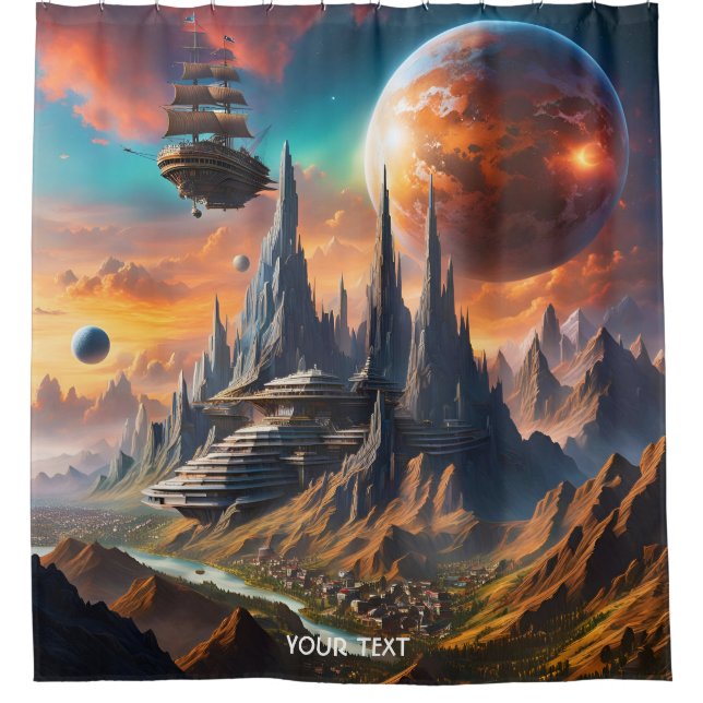 Fantasy Niedlich Vivid Mountains Planets Ship Duschvorhang (Vorderseite)