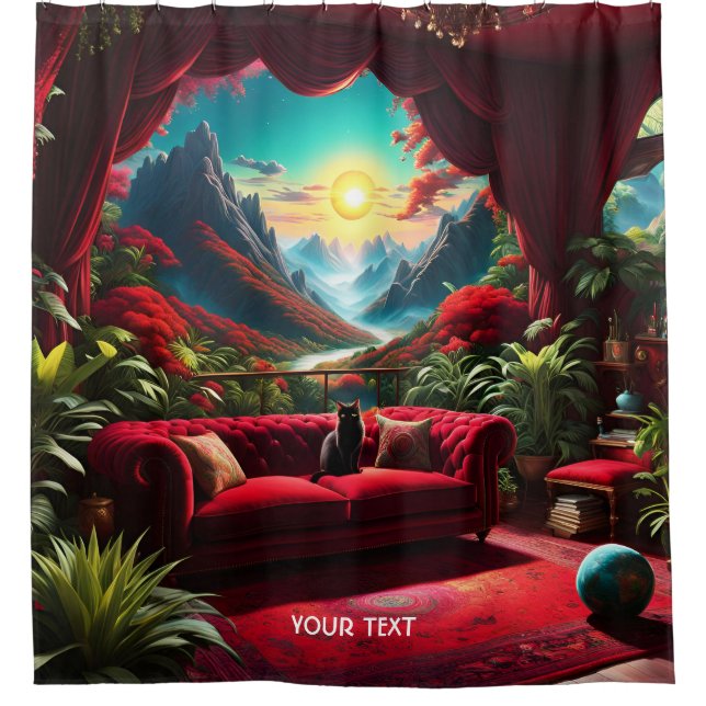 Fantasy Niedlich Vivid Red Couch Cat Duschvorhang (Vorderseite)