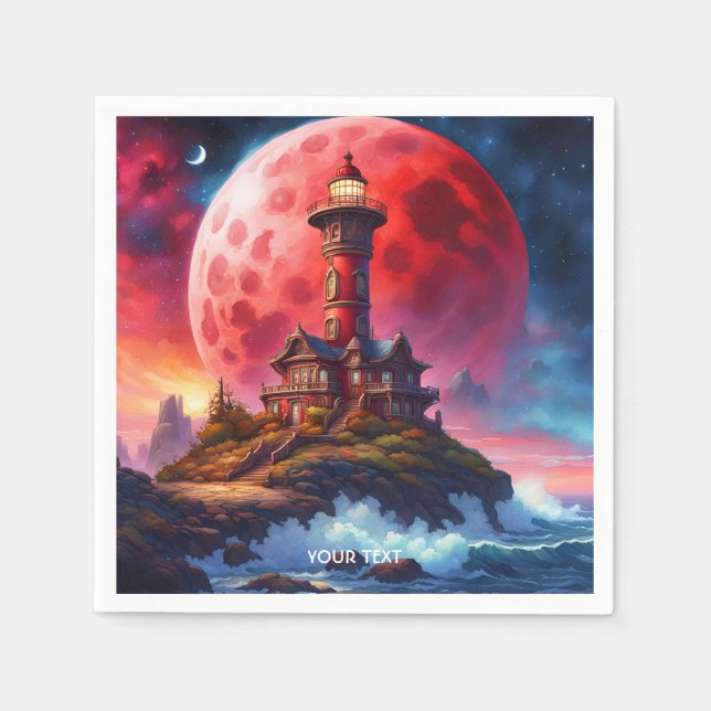 Fantasy Niedlich Vivid Red Lighthouse Moon Serviette (Vorderseite)