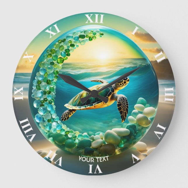 Fantasy Niedlich Vivid Turtle Sea Waves Große Wanduhr (Vorderseite)