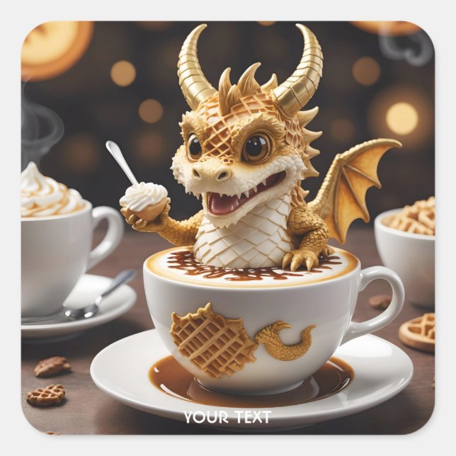 Fantasy Niedlich Waffle Dragon Coffee Quadratischer Aufkleber (Vorderseite)