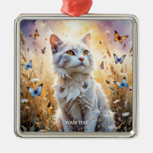 Fantasy Niedlich Weiße Katzen Schmetterlinge Ornament Aus Metall