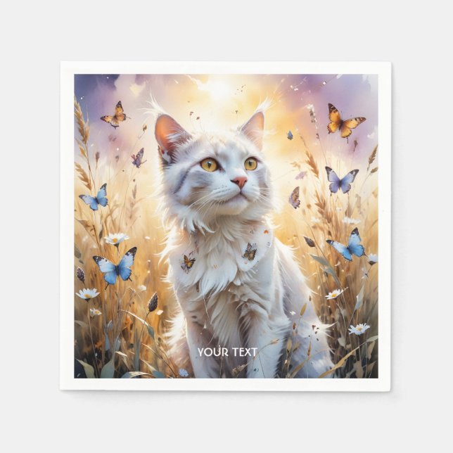 Fantasy Niedlich Weiße Katzen Schmetterlinge Serviette (Vorderseite)
